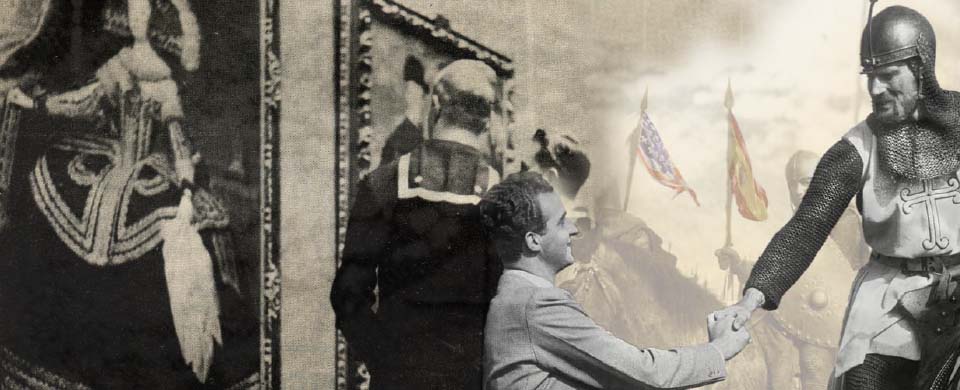Imagen de unos marines americanos viendo el cuadro de Las meninas y el rey Juan Carlos I y el actor Charlon Heston estrechándose la mano