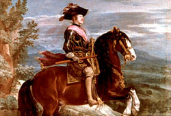 Retrato del rey Felipe IV a caballo (Valladolid, 1605 - Madrid, 1665), por Velázquez. Reinó entre 1621 y 1665. Fuente: Wikipedia, Museo del Prado.