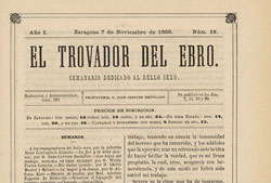 Página inicial de «A los impugnadores del bello sexo», primer artículo publicado por Concepción Gimeno de Flaquer en «El Trovador del Ebro» (Zaragoza: 7/11/1869).