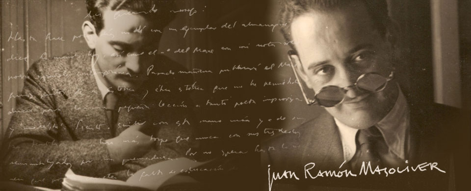 Diseño gráfico con dos fotografías de Juan Ramón Masoliver y un fragmento autógrafo de un texto suyo
