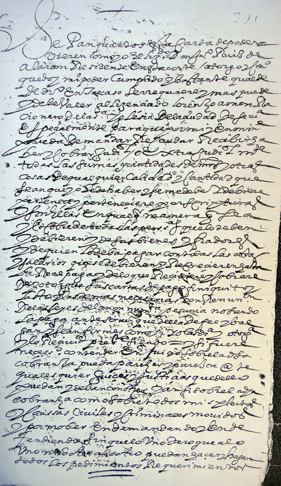  Primera página de la carta de poder de Juan Ruiz de Alarcón a Lorenzo  Cerrón, «racionero de la Santa Iglesia de la ciudad de Sevilla» para  que cobre y gestione en su nombre. Madrid, 5 marzo   1619. 