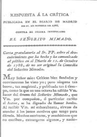 Respuesta á la crítica publicada en el diario de Madrid de 11 de octubre de 1788. Contra el drama intitulado del Señorito Mimado / Tomás de Iriarte | Biblioteca Virtual Miguel de Cervantes