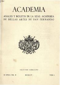 Academia : Boletín de la Real Academia de Bellas Artes de San Fernando. Segundo semestre 1954. Número 4. Preliminares e índice | Biblioteca Virtual Miguel de Cervantes
