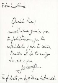 Postal de Fernando Fernán Gómez a Francisco Rabal. Abril 2001 | Biblioteca Virtual Miguel de Cervantes