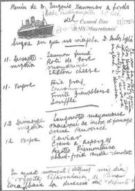 Menús de D. Eugenio Xammar a bordo del buque en que no viajaba Carlos Esplá. Cunard Line, M.R.S.Mauritania, 18 de Septiembre de [1958?] | Biblioteca Virtual Miguel de Cervantes