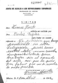 Tarjeta de visita de Tomás Yuste solicitando ser recibido por Carlos Esplá. México, 14 de abril de 1942 | Biblioteca Virtual Miguel de Cervantes