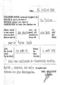 Notificación con las fechas de entrada y salida del "Hotel Albergo Ambasciatori", en Milán, confirmando la reserva, 16 de julio 1956 | Biblioteca Virtual Miguel de Cervantes