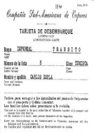 Tarjeta de desembarque de la Compañía "Sud-Americana de Vapores" de Carlos Esplá, año 1940 | Biblioteca Virtual Miguel de Cervantes