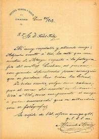 Carta de M. Macías a F. Fita adjuntándole carta envíada desde Astorga respecto a la dificultad que supone sacar una fotografía completa de la inscripción del anillo / Instituto General y Técnico de Orense | Biblioteca Virtual Miguel de Cervantes
