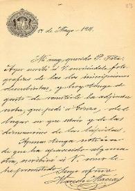 Carta de M. Macías a F. Fita comunicándole que ha recibido las fotos de las lápidas a las que alude el Sr. Recaredo. Sobre otras inscripcion halladas "dos que copió Sr. Sarmiento" y otra que no están publicadas en los corpora de la época / Corpus Inscriptionum Latinarum; Ayuntamiento de Guizo de Limia; Diputación (Orense) | Biblioteca Virtual Miguel de Cervantes