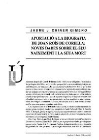 Aportació a la biografia de Joan Roís de Corella: noves dades sobre el seu naixement i la seua mort / Jaume J. Chiner Gimeno | Biblioteca Virtual Miguel de Cervantes