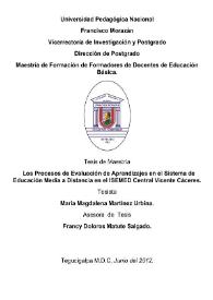 Los procesos de evaluación de aprendizajes en el sistema de Educación Media a Distancia en el ISEMED Central Vicente Cáceres / María Magdalena Martínez Urbina | Biblioteca Virtual Miguel de Cervantes