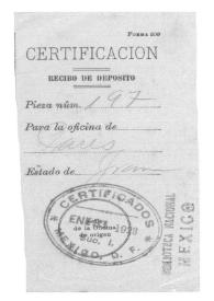 [Certificación de recibo de depósito para la oficina de París (Francia), 31 de enero de 1923 ] | Biblioteca Virtual Miguel de Cervantes