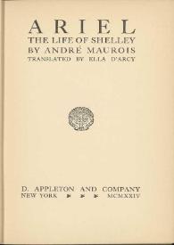 Ariel, La vie de Shelley / André Maurois ; translated by Ella d'Arcy | Biblioteca Virtual Miguel de Cervantes
