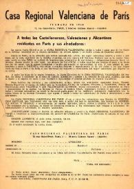 Convocatoria de la Casa Regional Valenciana de París: "A todos los castellonenses, valencianos y alicantinos residentes en París y sus alrededores". Programa y actividades | Biblioteca Virtual Miguel de Cervantes