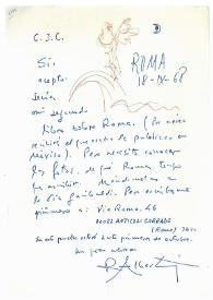 Carta de Rafael Alberti a Camilo José Cela. Roma, 18 de septiembre de 1968
 | Biblioteca Virtual Miguel de Cervantes