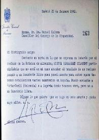Carta de Máximo Cuervo, director de prisiones, a Manuel Halcón, canciller del Consejo de la Hispanidad. Madrid, 23 de febrero de 1942 | Biblioteca Virtual Miguel de Cervantes