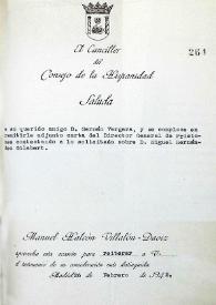 Carta de Manuel Halcón, canciller del Consejo de la Hispanidad, a Germán Vergara. Madrid, 26 de febrero de 1942 | Biblioteca Virtual Miguel de Cervantes