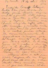 Carta de Miguel Hernández a José María de Cossío. Orihuela (Alicante), 19 de abril de 1939 | Biblioteca Virtual Miguel de Cervantes