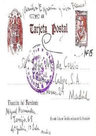 Tarjeta postal de Miguel Hernández a José María de Cossío. Madrid, [19 de mayo de 1939?] | Biblioteca Virtual Miguel de Cervantes