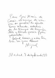Dedicatoria manuscrita de Miguel Hernández a José María de Cossío en el libro “Viento del pueblo : poesía en la guerra”. Madrid, 7 de septiembre de 1938 | Biblioteca Virtual Miguel de Cervantes