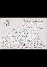 Carta de Luis Sáinz de Medrano Arce a José Carlos Rovira. Madrid, 9 de octubre de 2010 | Biblioteca Virtual Miguel de Cervantes